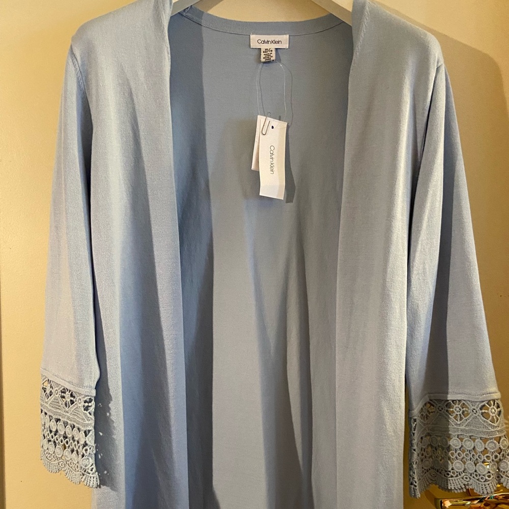 Calvin Klein Powder Blue Cardigan with Lace Sleeves